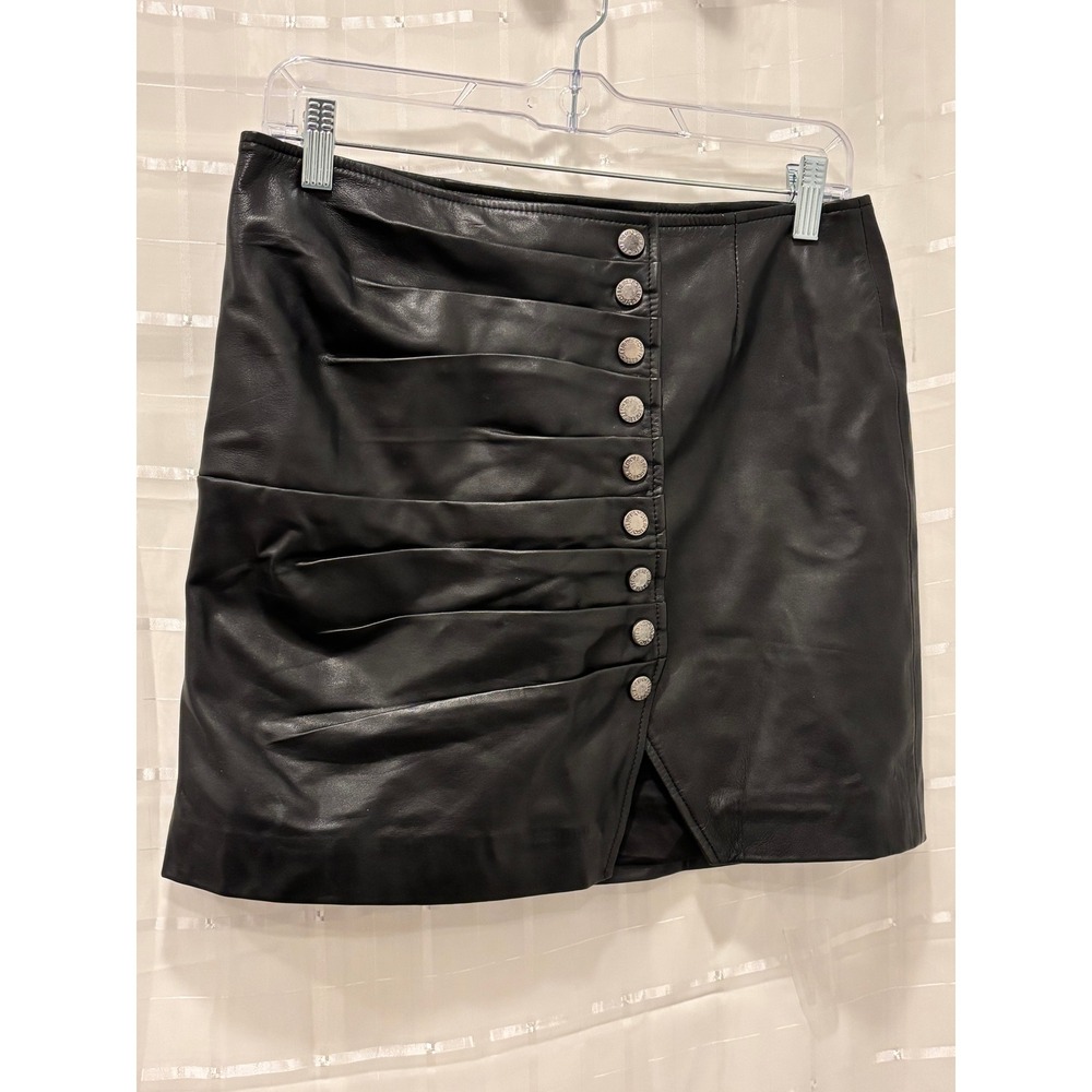Retrofete Black Leather Pleated Button Mini Skirt Size M Asymmetrical Slit